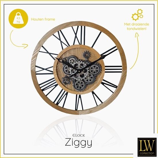 LW collection LW Collection wandklok met draaiende tandwielen bruin 60cm - Radar wandklok bruin - wandklok met bewegende wandwielen