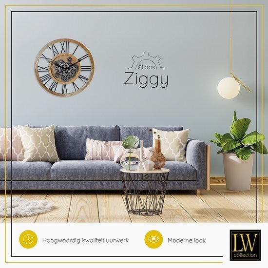 LW collection LW Collection wandklok met draaiende tandwielen bruin 60cm - Radar wandklok bruin - wandklok met bewegende wandwielen