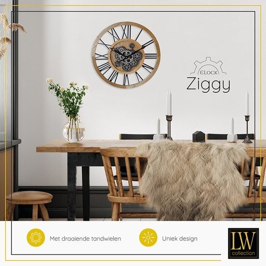 LW collection LW Collection wandklok met draaiende tandwielen bruin 60cm - Radar wandklok bruin - wandklok met bewegende wandwielen