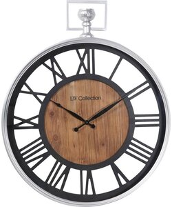 LW Collection wandklok zilver en zwart hout met glasplaat 60cm - Grote glazen muurklok romeinse cijfers - Industriële Houten klok - Moderne wandklok stil uurwerk