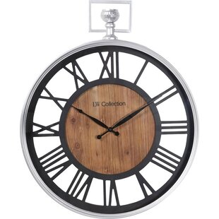 LW Collection wandklok zilver en zwart hout met glasplaat 60cm - Grote glazen muurklok romeinse cijfers - Industriële Houten klok - Moderne wandklok stil uurwerk