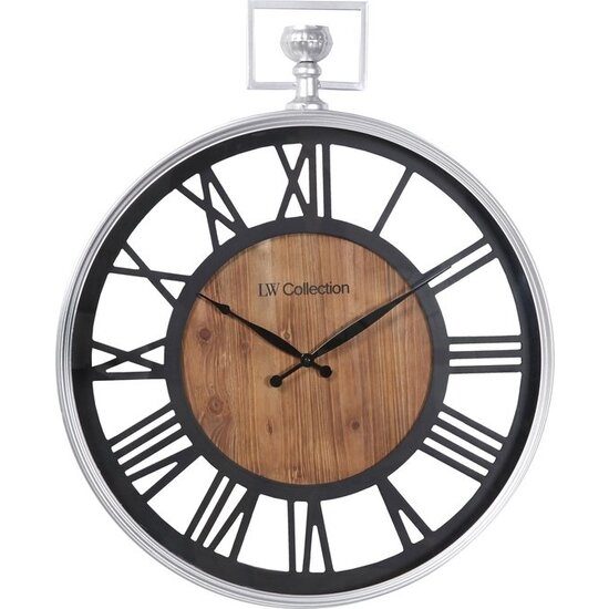 LW collection LW Collection wandklok zilver en zwart hout met glasplaat 60cm - Grote glazen muurklok romeinse cijfers - Industriële Houten klok - Moderne wandklok stil uurwerk