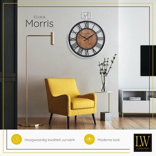 LW collection LW Collection wandklok zilver en zwart hout met glasplaat 60cm - Grote glazen muurklok romeinse cijfers - Industriële Houten klok - Moderne wandklok stil uurwerk