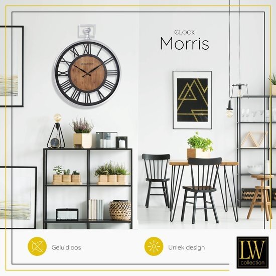 LW collection LW Collection wandklok zilver en zwart hout met glasplaat 60cm - Grote glazen muurklok romeinse cijfers - Industriële Houten klok - Moderne wandklok stil uurwerk