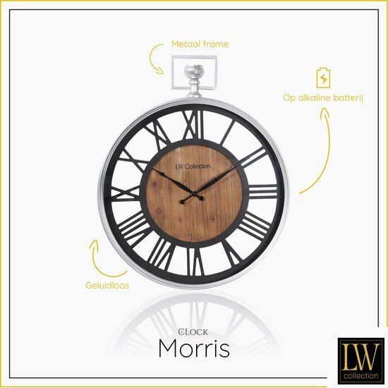 LW collection LW Collection wandklok zilver en zwart hout met glasplaat 60cm - Grote glazen muurklok romeinse cijfers - Industriële Houten klok - Moderne wandklok stil uurwerk