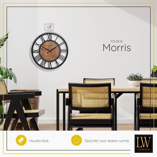 LW collection LW Collection wandklok zilver en zwart hout met glasplaat 60cm - Grote glazen muurklok romeinse cijfers - Industriële Houten klok - Moderne wandklok stil uurwerk