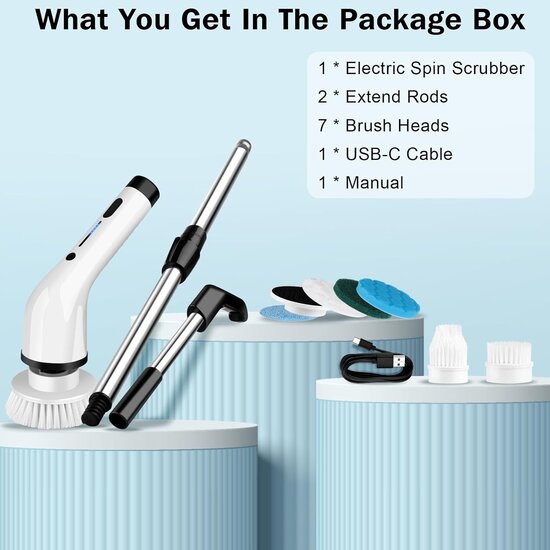 Igoods Igoods Poetsmachine - Schrobborstel - Polijstmachine - Polijstset - Elektrische Schoonmaakborstel - Schrobber - 7 Borstels - 25W - Oplaadbaar - Wit