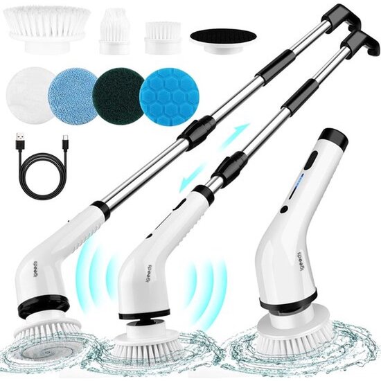 Igoods Igoods Poetsmachine - Schrobborstel - Polijstmachine - Polijstset - Elektrische Schoonmaakborstel - Schrobber - 7 Borstels - 25W - Oplaadbaar - Wit