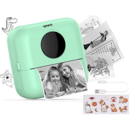 Igoods Igoods Mini Printer - Pocket Printer - Draagbare Printer - Bluetooth Printer - Fotoprinter - Draadloos - Oplaadbaar - Groen