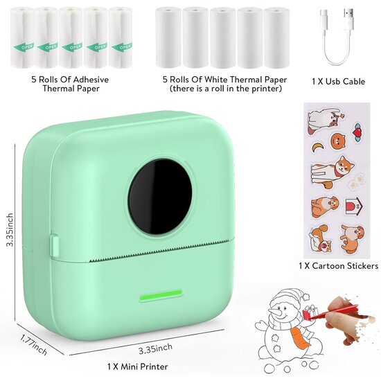Igoods Igoods Mini Printer - Pocket Printer - Draagbare Printer - Bluetooth Printer - Fotoprinter - Draadloos - Oplaadbaar - Groen