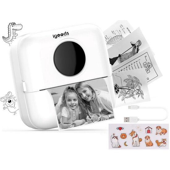 Igoods Igoods Mini Printer - Pocket Printer - Draagbare Printer - Bluetooth Printer - Fotoprinter - Draadloos - Oplaadbaar - Wit