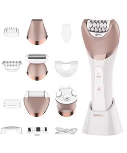 Igoods 6-in-1 Ladyshave - Scheerapparaat voor vrouwen - Dameshaarverwijderaar - Epileerapparaat Vrouwen - Trimmer - Eeltverwijderaar - Massageapparaat - Bikinitrimmer - Borstel - Oplaadbaar - Roze