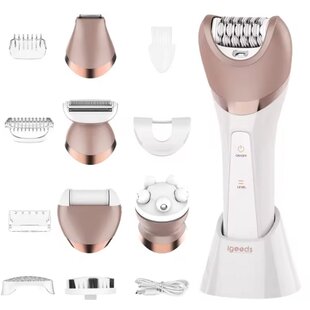 Igoods 6-in-1 Ladyshave - Scheerapparaat voor vrouwen - Dameshaarverwijderaar - Epileerapparaat Vrouwen - Trimmer - Eeltverwijderaar - Massageapparaat - Bikinitrimmer - Borstel - Oplaadbaar - Roze