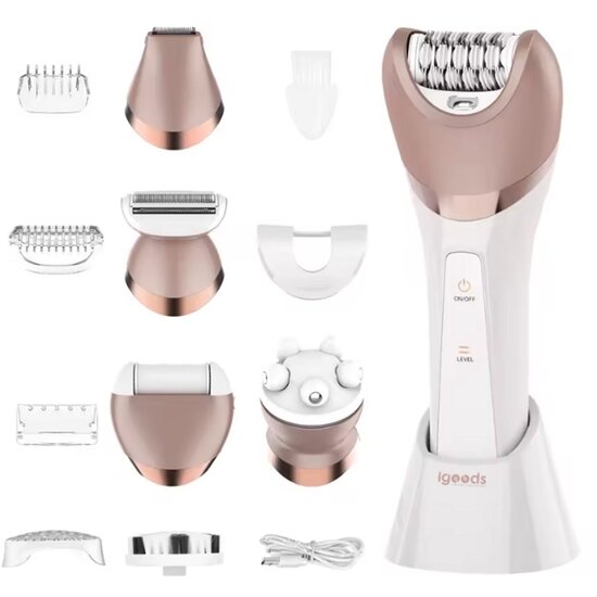 Igoods Igoods 6-in-1 Ladyshave - Scheerapparaat voor vrouwen - Dameshaarverwijderaar - Epileerapparaat Vrouwen - Trimmer - Eeltverwijderaar - Massageapparaat - Bikinitrimmer - Borstel - Oplaadbaar - Roze