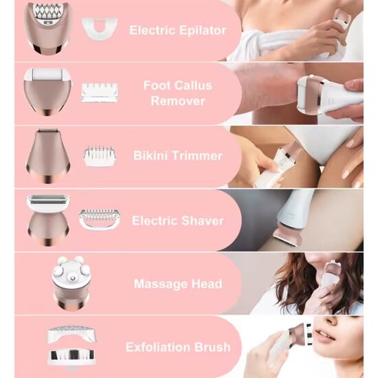 Igoods Igoods 6-in-1 Ladyshave - Scheerapparaat voor vrouwen - Dameshaarverwijderaar - Epileerapparaat Vrouwen - Trimmer - Eeltverwijderaar - Massageapparaat - Bikinitrimmer - Borstel - Oplaadbaar - Roze
