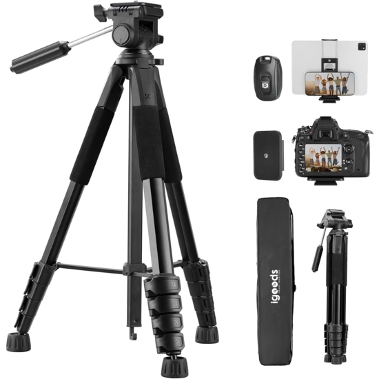 Igoods Igoods Camera Statief - Smartphone Statief - Afneembare Kop - Tripod - Telefoonhouder - Incl Bluetooth Afstandsbediening - Aluminium - Zwart