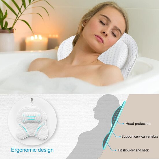 Igoods Igoods Luxe Badkussen - Home Spa Badkussen - Hoofd/nek/rug en schoudersteun - Thuisspa - Badkussen met 6 zuignappen - Luxe Badaccessoire - Wit