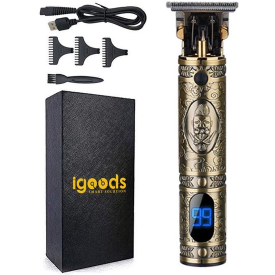 Igoods Igoods Tondeuse - Luxe Tondeuse met Display - Professionele Trimmer - Groomer - Scheerapparaat - Baardtrimmer - Draadloos - USB Opladen - Inclusief 3 opzetkammen – Goud