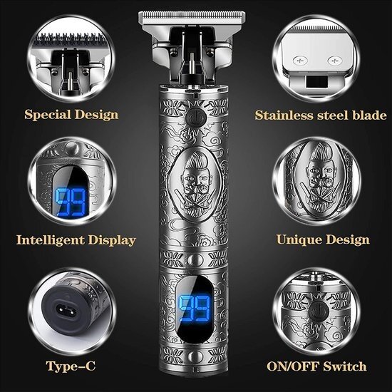 Igoods Igoods Tondeuse - Luxe Tondeuse met Display - Professionele Trimmer - Groomer - Scheerapparaat - Baardtrimmer - Draadloos - USB Opladen - Inclusief 3 opzetkammen – Zilver