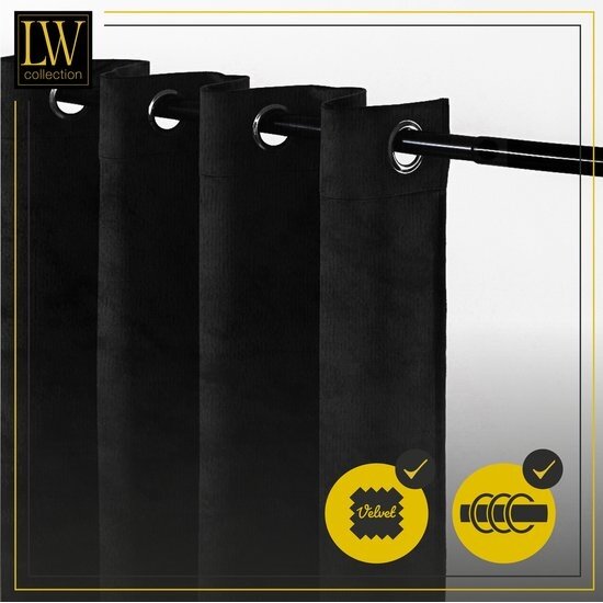 LW collection LW collection - gordijnen Zwart Velvet Kant en klaar 290x245cm - Kant en klare gordijnen met ringen Velours - Fluwelen Verduisterende gordijnen