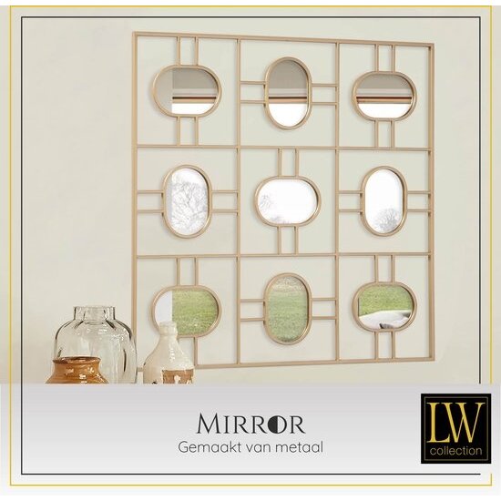 LW collection LW Collection Wandspiegel goud vierkant 80x80 cm metaal - grote spiegel muur - industrieel - woonkamer gang - badkamerspiegel - spiegel met kleine spiegels - muurspiegel slaapkamer gouden rand - hangspiegel met luxe design