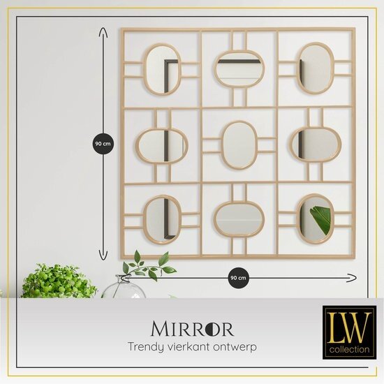 LW collection LW Collection Wandspiegel goud vierkant 80x80 cm metaal - grote spiegel muur - industrieel - woonkamer gang - badkamerspiegel - spiegel met kleine spiegels - muurspiegel slaapkamer gouden rand - hangspiegel met luxe design