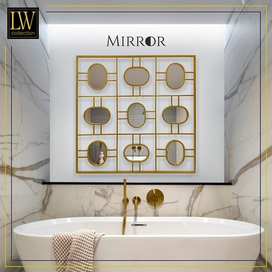 LW collection LW Collection Wandspiegel goud vierkant 80x80 cm metaal - grote spiegel muur - industrieel - woonkamer gang - badkamerspiegel - spiegel met kleine spiegels - muurspiegel slaapkamer gouden rand - hangspiegel met luxe design