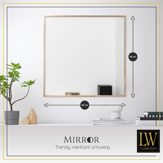 LW collection LW Collection wandspiegel goud vierkant 80x80 cm metaal - grote spiegel muur - industrieel - woonkamer gang - badkamerspiegel - muurspiegel slaapkamer gouden rand - hangspiegel met luxe design
