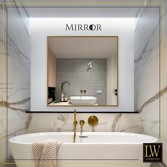 LW collection LW Collection wandspiegel goud vierkant 80x80 cm metaal - grote spiegel muur - industrieel - woonkamer gang - badkamerspiegel - muurspiegel slaapkamer gouden rand - hangspiegel met luxe design