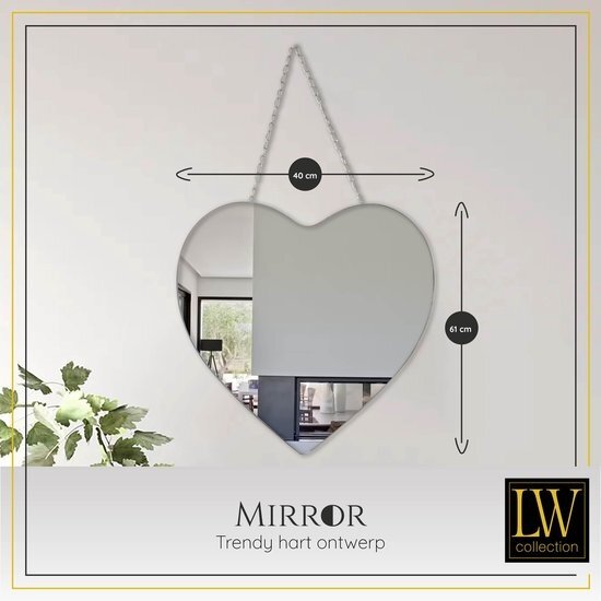 LW collection LW Collection wandspiegel hartje zilver met touw 40x61 cm metaal- hart spiegel muur - industrieel - woonkamer gang - badkamerspiegel - muurspiegel slaapkamer zilveren rand - hangspiegel met luxe design
