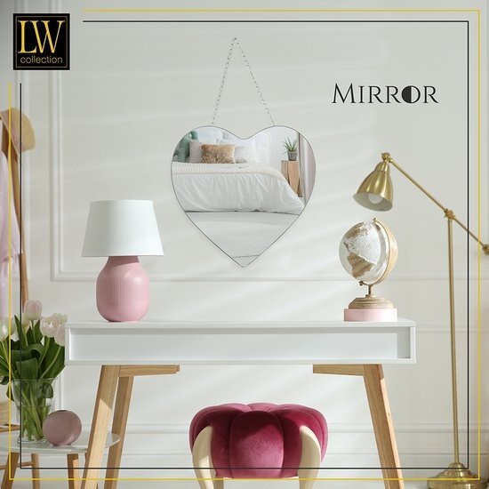 LW collection LW Collection wandspiegel hartje zilver met touw 40x61 cm metaal- hart spiegel muur - industrieel - woonkamer gang - badkamerspiegel - muurspiegel slaapkamer zilveren rand - hangspiegel met luxe design