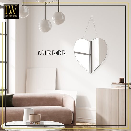 LW collection LW Collection wandspiegel hartje zilver met touw 40x61 cm metaal- hart spiegel muur - industrieel - woonkamer gang - badkamerspiegel - muurspiegel slaapkamer zilveren rand - hangspiegel met luxe design