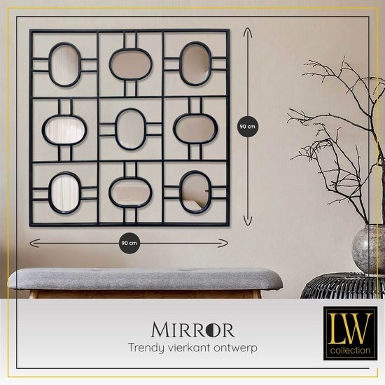 LW collection LW Collection wandspiegel zwart vierkant 80x80 cm metaal - grote spiegel muur - industrieel - woonkamer gang - badkamerspiegel - spiegel met kleine spiegels - muurspiegel slaapkamer zwarte rand - hangspiegel met luxe design