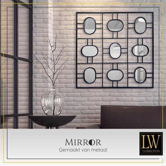 LW collection LW Collection wandspiegel zwart vierkant 80x80 cm metaal - grote spiegel muur - industrieel - woonkamer gang - badkamerspiegel - spiegel met kleine spiegels - muurspiegel slaapkamer zwarte rand - hangspiegel met luxe design