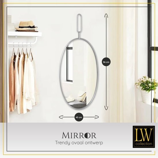 LW collection LW Collection wandspiegel zilver rond ovaal 45x96 cm metaal - grote spiegel muur - industrieel - woonkamer gang - badkamerspiegel - muurspiegel slaapkamer zilveren rand - hangspiegel met luxe design