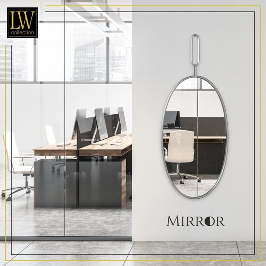 LW collection LW Collection wandspiegel zilver rond ovaal 45x96 cm metaal - grote spiegel muur - industrieel - woonkamer gang - badkamerspiegel - muurspiegel slaapkamer zilveren rand - hangspiegel met luxe design