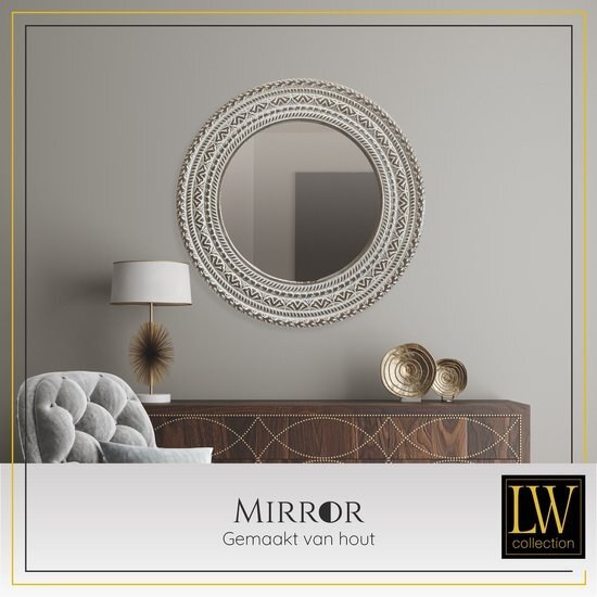 LW collection LW Collection wandspiegel bruin vintage rond 60x60 cm hout - grote spiegel muur - industrieel - woonkamer gang - badkamerspiegel - muurspiegel slaapkamer bruine rand - hangspiegel met luxe design