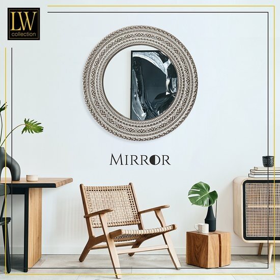 LW collection LW Collection wandspiegel bruin vintage rond 60x60 cm hout - grote spiegel muur - industrieel - woonkamer gang - badkamerspiegel - muurspiegel slaapkamer bruine rand - hangspiegel met luxe design