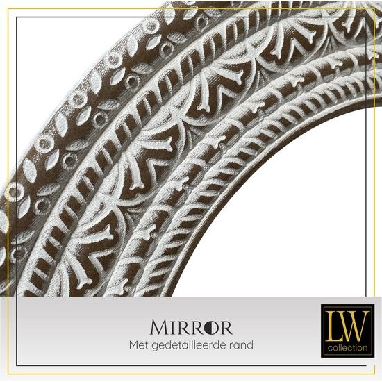 LW collection LW Collection wandspiegel bruin vintage rond 60x60 cm hout - grote spiegel muur - industrieel - woonkamer gang - badkamerspiegel - muurspiegel slaapkamer bruine rand - hangspiegel met luxe design
