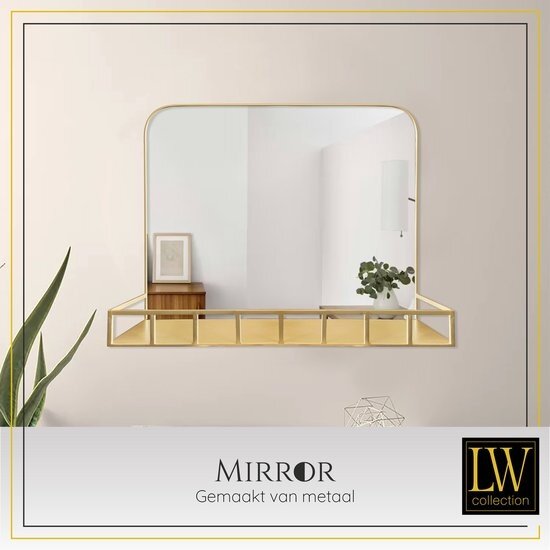 LW collection LW Collection wandspiegel met plankje goud 63x50 cm metaal - grote spiegel muur - industrieel - woonkamer gang - badkamerspiegel - muurspiegel slaapkamer gouden rand - hangspiegel met luxe design