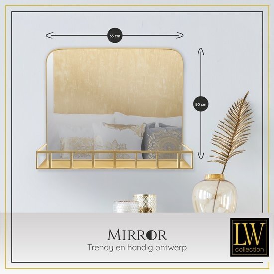 LW collection LW Collection wandspiegel met plankje goud 63x50 cm metaal - grote spiegel muur - industrieel - woonkamer gang - badkamerspiegel - muurspiegel slaapkamer gouden rand - hangspiegel met luxe design