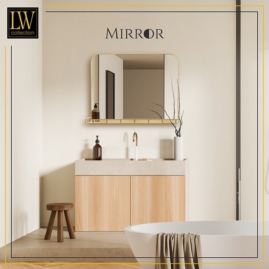 LW collection LW Collection wandspiegel met plankje goud 63x50 cm metaal - grote spiegel muur - industrieel - woonkamer gang - badkamerspiegel - muurspiegel slaapkamer gouden rand - hangspiegel met luxe design