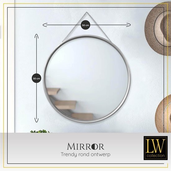 LW collection LW Collection wandspiegel met touw zilver rond 50x50 cm metaal - grote spiegel muur - industrieel - woonkamer gang - badkamerspiegel - muurspiegel slaapkamer zilveren rand - hangspiegel met luxe design