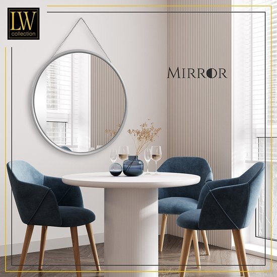 LW collection LW Collection wandspiegel met touw zilver rond 50x50 cm metaal - grote spiegel muur - industrieel - woonkamer gang - badkamerspiegel - muurspiegel slaapkamer zilveren rand - hangspiegel met luxe design
