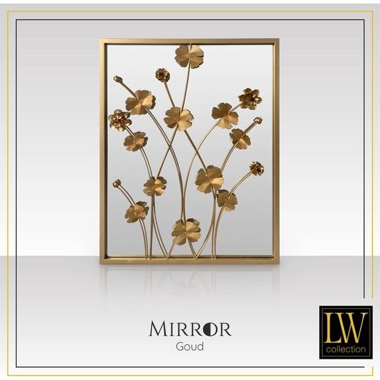 LW collection LW Collection wandspiegel goud rechthoek 61x70 cm metaal - grote spiegel muur - industrieel - woonkamer gang - badkamerspiegel - muurspiegel slaapkamer gouden rand - hangspiegel met luxe design met bloemen