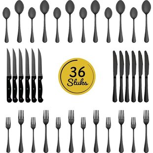 LW Collection bestekset 6 persoons 36 stuks Zwart - bestek set zwart vaatwasserbestendig - Lepels, Messen, Vorken & Steakmessen