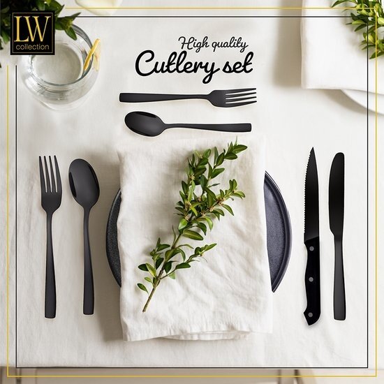 LW collection LW Collection bestekset 6 persoons 36 stuks Zwart - bestek set zwart vaatwasserbestendig - Lepels, Messen, Vorken & Steakmessen