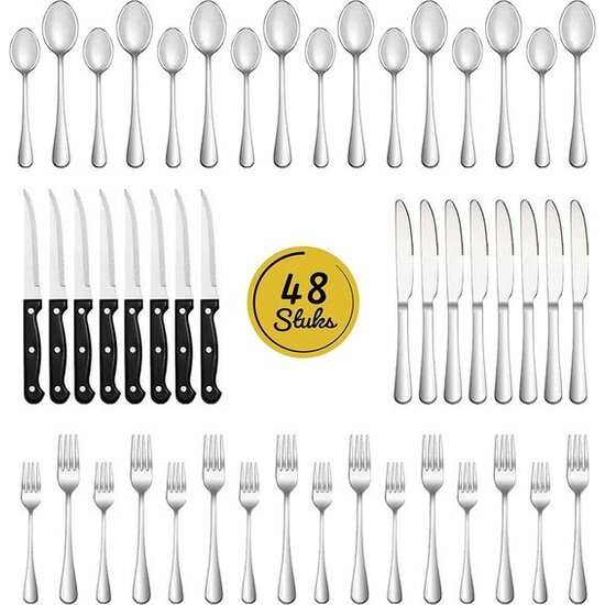 LW collection LW Collection bestekset 8 persoons 48 stuks zilverkleurig - bestek set zilver vaatwasserbestendig - Lepels, Messen, Vorken & Steakmessen