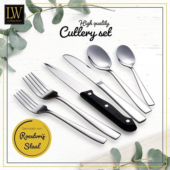 LW collection LW Collection bestekset 8 persoons 48 stuks zilverkleurig - bestek set zilver vaatwasserbestendig - Lepels, Messen, Vorken & Steakmessen