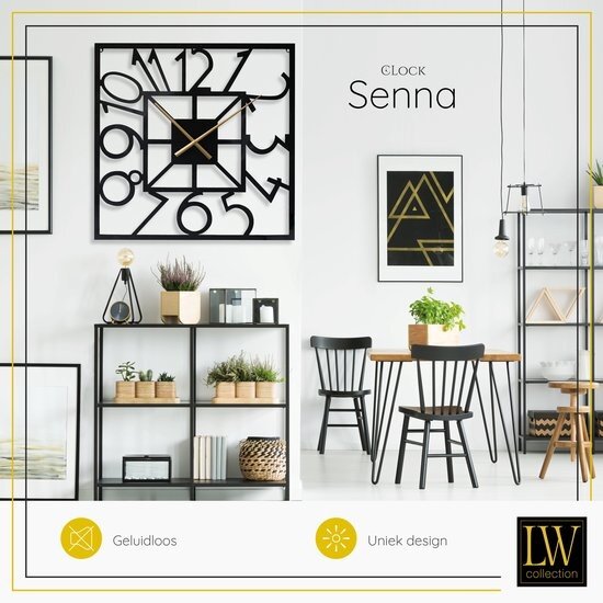 LW collection LW Collection wandklok XL Senna zwart met gouden wijzers 80cm - Grote industriële klok metaal stil uurwerk - Moderne zwarte wandklok - Industrieel